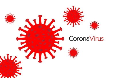 Mehrere gezeichnete, rote Viren vor blauem Hintergrund.